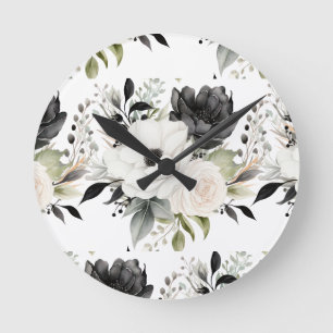 Moderne Schwarz-Weiß-Blumen-Blumenuhr Runde Wanduhr
