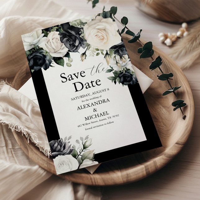 Moderne Schwarz-Weiß-Blumen-Hochzeit Rette die Dat Save The Date (Von Creator hochgeladen)