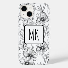 Moderne Schwarz-Weiß-Blumen-Mit Monogramm Case-Mate iPhone 14 Hülle