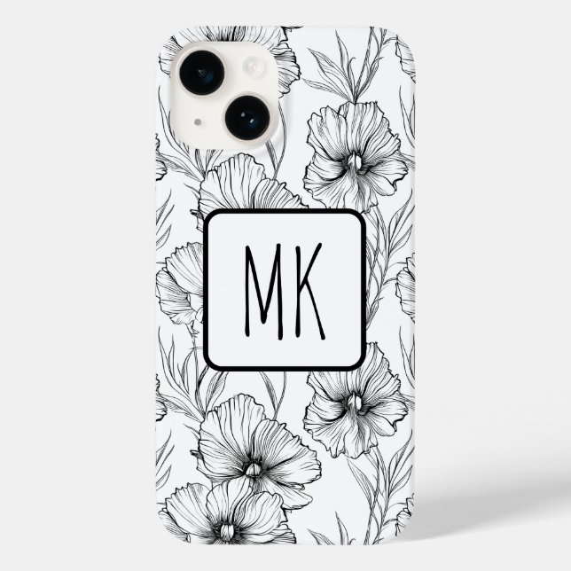 Moderne Schwarz-Weiß-Blumen-Mit Monogramm Case-Mate iPhone Hülle (Rückseite)