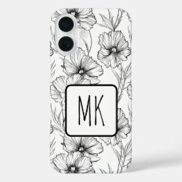 Moderne Schwarz-Weiß-Blumen-Mit Monogramm iPhone 16 Hülle