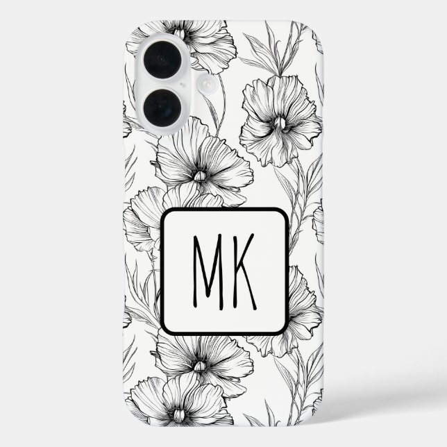 Moderne Schwarz-Weiß-Blumen-Mit Monogramm Case-Mate iPhone Hülle (Rückseite)
