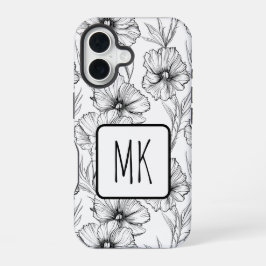Moderne Schwarz-Weiß-Blumen-Mit Monogramm iPhone 16 Hülle