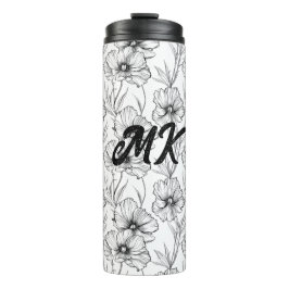 Moderne Schwarz-Weiß-Blumen-Mit Monogramm Thermosbecher