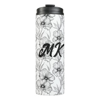 Moderne Schwarz-Weiß-Blumen-Mit Monogramm Thermosbecher