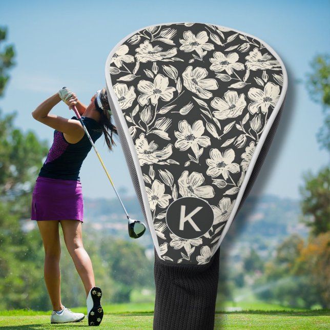 Moderne Schwarz-Weiß-Blumenmuster-Monogramm Golf Headcover (Von Creator hochgeladen)
