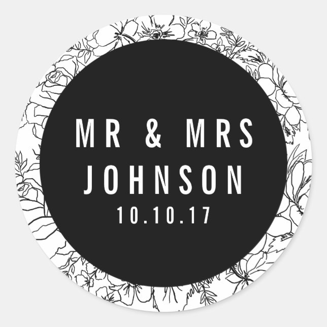 Moderne Schwarz-Weiß-Blütenaufkleber Mr. & Mrs. Runder Aufkleber (Vorderseite)