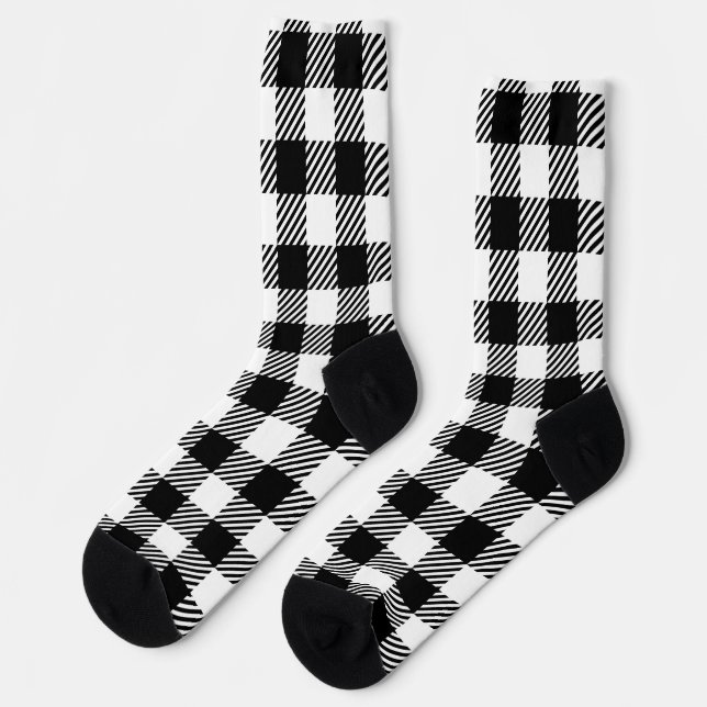Moderne Schwarz-Weiß-Büffel-Karo Gingham Socken (Linkes Detail)