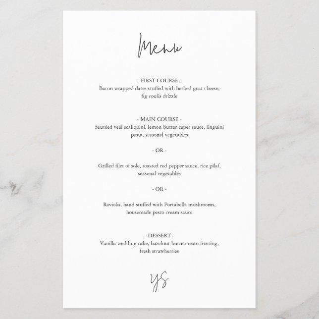 Moderne Schwarz-Weiß Chic Hochzeitsmenü Flyer (Vorne)