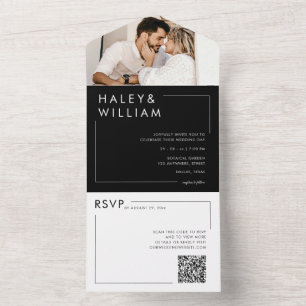 Moderne Schwarz-Weiß-Chic-Minimalist-Foto-Hochzeit All In One Einladung