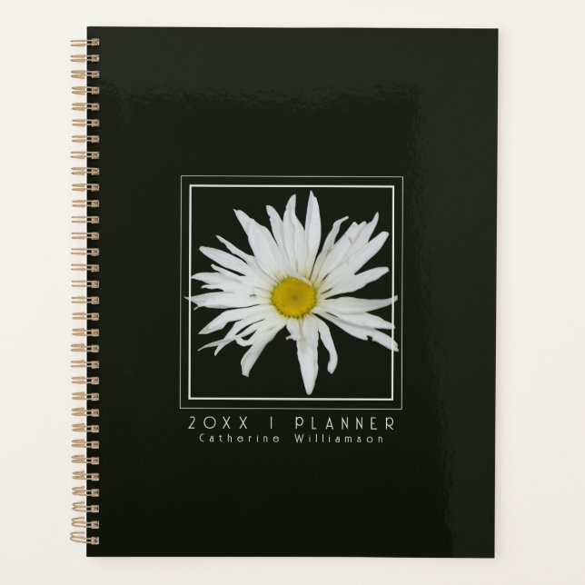 Moderne Schwarz-Weiß-Daisy-Muster Name 2026 Planer (Vorderseite)