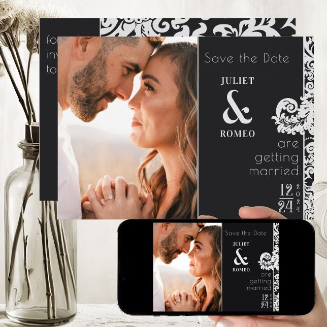 Moderne Schwarz-Weiß-Damast Save the Date Einladung (elegant black and white floral damask save the date wedding invitation)