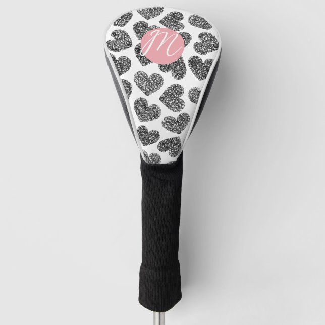 Moderne Schwarz-Weiß-Doodle-Herzen Mit Monogramm Golf Headcover (Vorderseite)