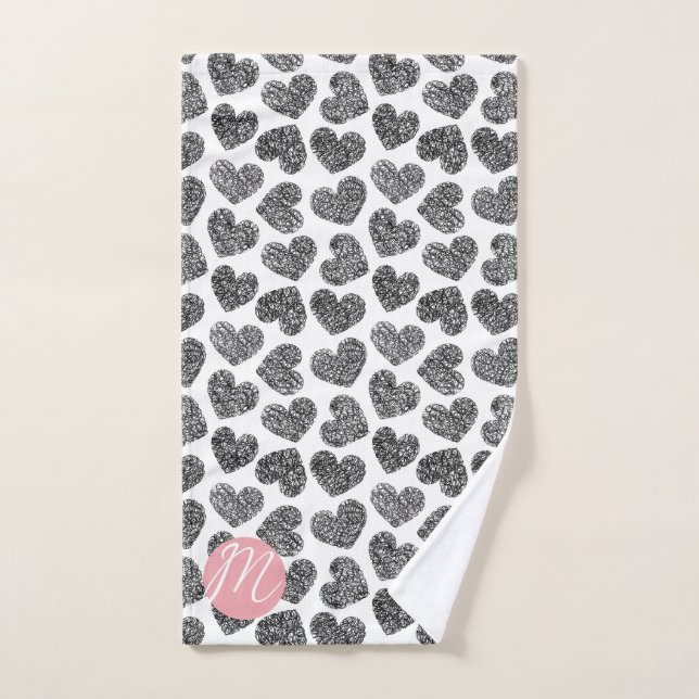 Moderne Schwarz-Weiß-Doodle-Herzen Mit Monogramm Handtuch (Handtuch)