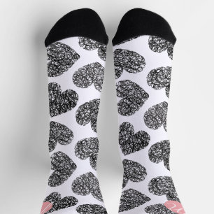 Moderne Schwarz-Weiß-Doodle-Herzen Mit Monogramm Socken