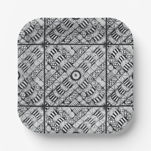 Moderne Schwarz-Weiß-Doodle Pappteller (Vorderseite)