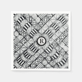 Moderne Schwarz-Weiß-Doodle-Windrad und Monogramm Serviette