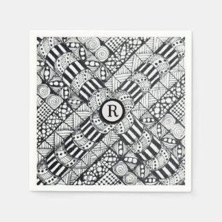 Moderne Schwarz-Weiß-Doodle-Windrad und Monogramm Serviette