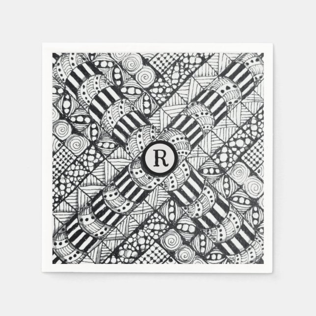 Moderne Schwarz-Weiß-Doodle-Windrad und Monogramm Serviette (Vorderseite)