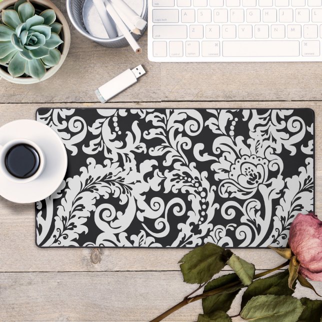Moderne Schwarz-Weiß-Elegante Blumenbäder Schreibtischunterlage (black and white elegant floral damask desk mat mouse pad)