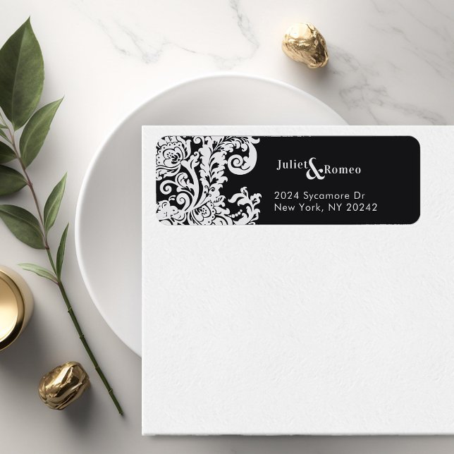 Moderne Schwarz-Weiß-Elegante Damask (modern black and white elegant floral damask wedding return address label)