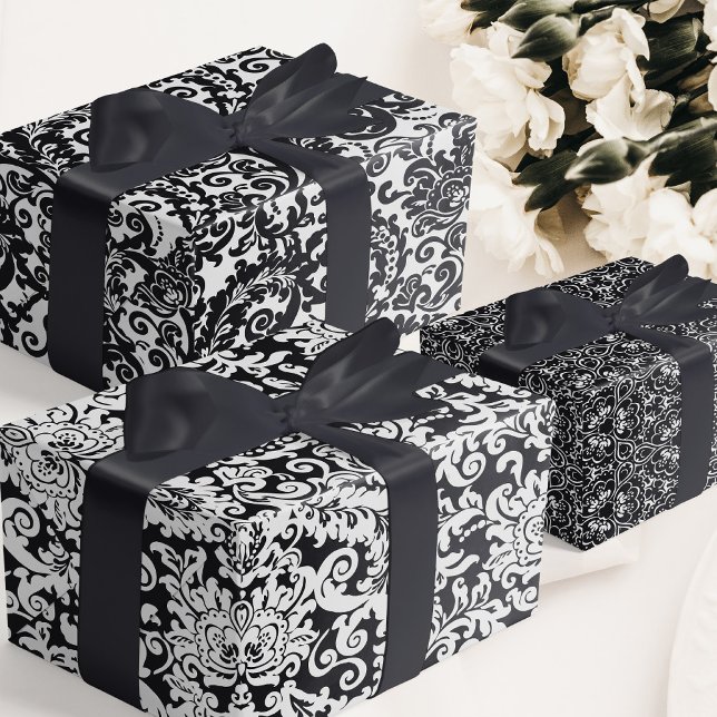 Moderne Schwarz-Weiß-Elegante Damask Geschenkpapier Set (elegant black and white floral damask wedding wrapping paper)