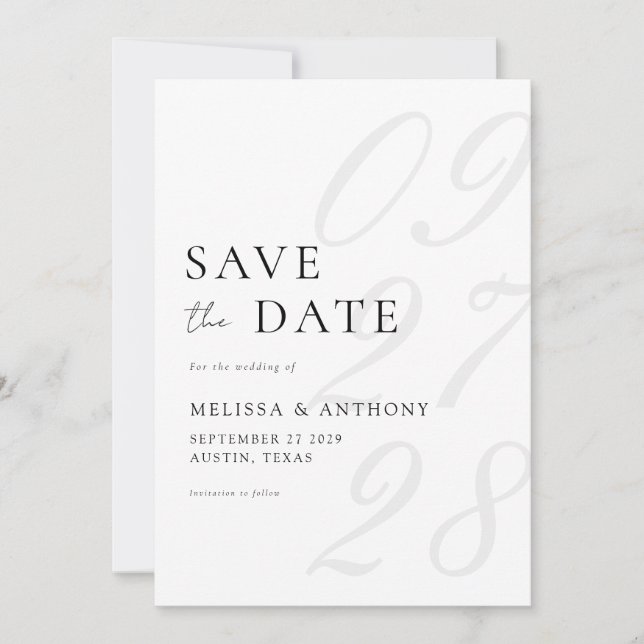 Moderne Schwarz-Weiß-Elegante Minimalistische Hoch Save The Date (Vorderseite)