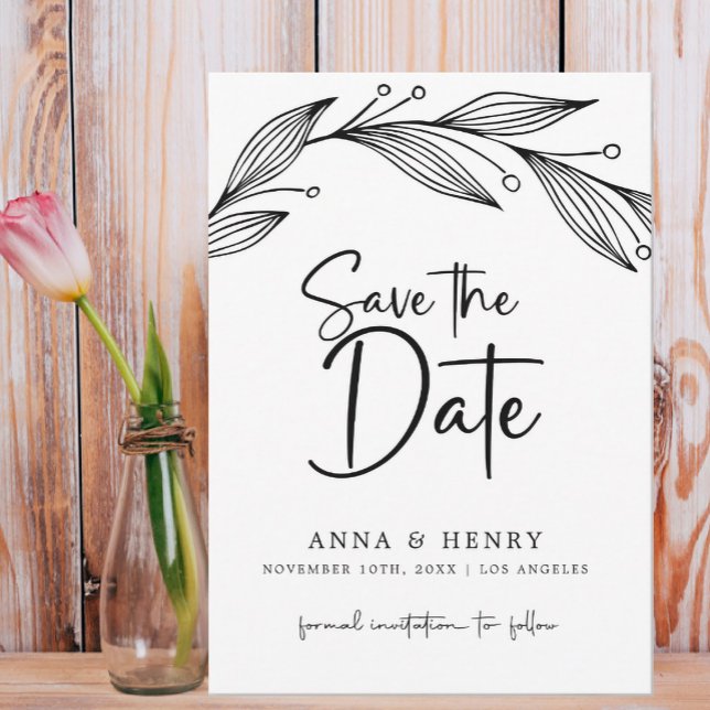 Moderne Schwarz-Weiß-Eukalyptus-Blätter Hochzeiten Save The Date (Von Creator hochgeladen)