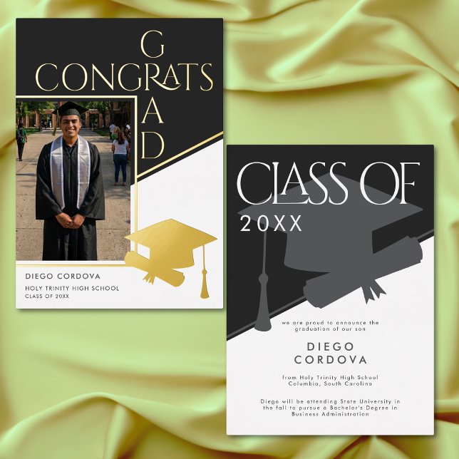 Moderne Schwarz-Weiß-Foto-Folie-Abschlussankündigu Folieneinladung (Modern Black White Photo Foil Graduation Announcement)