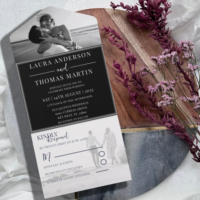 Moderne Schwarz-Weiß-Foto-Hochzeit All In One Einladung (Von Creator hochgeladen)