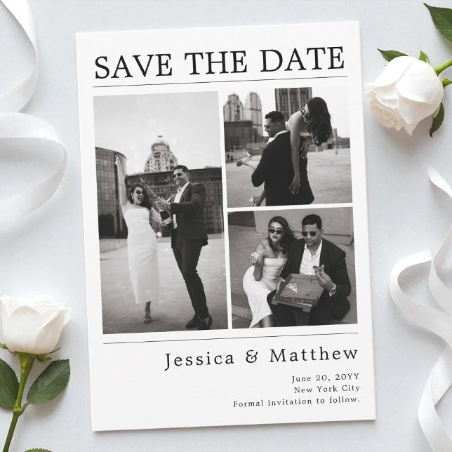 Moderne Schwarz-Weiß-Foto-Zeitungs-Hochzeit Save The Date (Modern Black and White Photo Newspaper Wedding Save The Date)