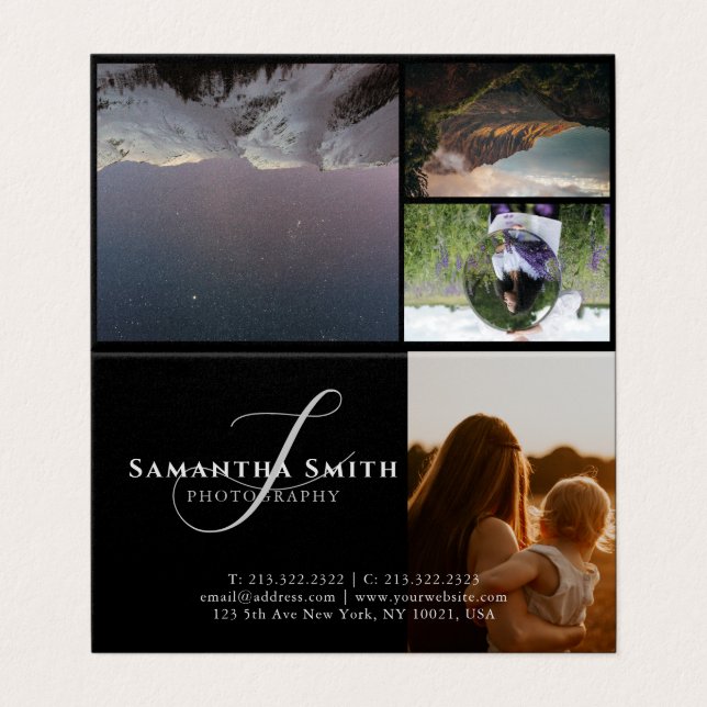 Moderne Schwarz-Weiß-Fotografie mit 4 Fotos geklap Visitenkarten (Außenseite Aufgefaltet)