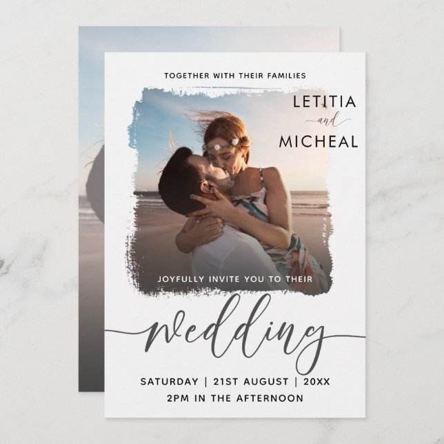 Moderne Schwarz-Weiß-Fotovorlage Hochzeit Einladung (Vorne/Hinten)