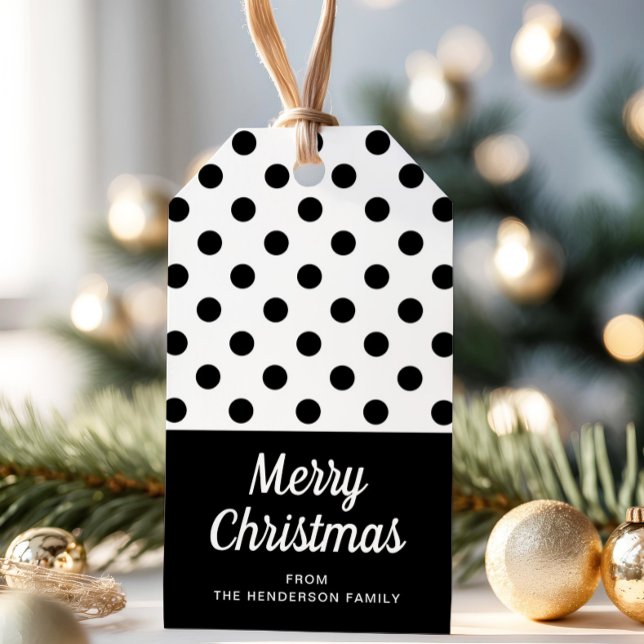 Moderne Schwarz-Weiß frohe Weihnachten Geschenkanhänger (Black And White Polka Dots Merry Christmas Gift Tags)