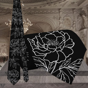 Moderne Schwarz-Weiß-Garten-Pfingstrosen-Hochzeit Krawatte