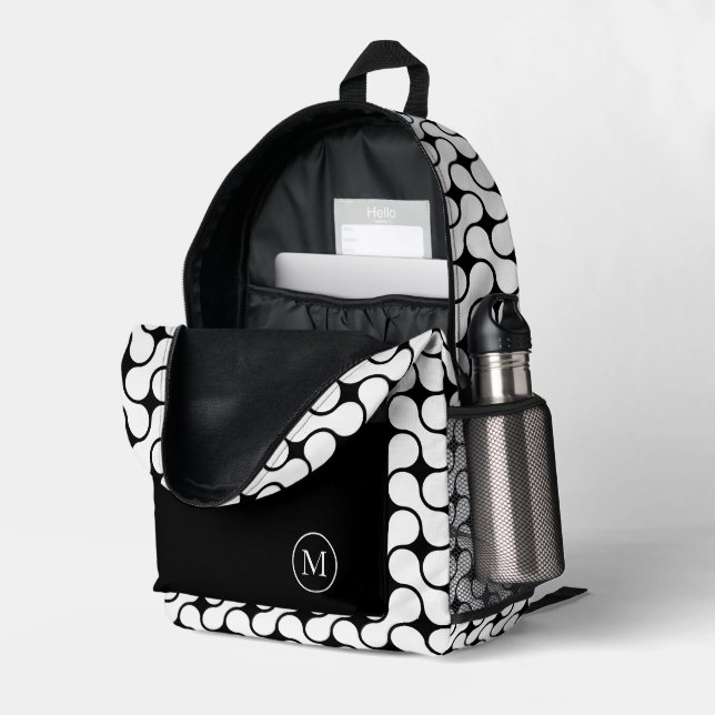 Moderne Schwarz-Weiß-Geometrie Bedruckter Rucksack (Rückseitige Ecke links (Offen) )