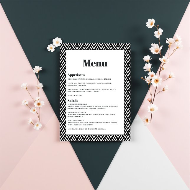Moderne Schwarz-Weiß-Geometrie Menükarte (Modern Black and White Geometric Wedding Menu)
