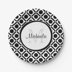 Moderne Schwarz-Weiß-Geometrie, Monogramm und Name Pappteller