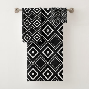 Moderne Schwarz-Weiß-Geometrische Raute-Muster Badhandtuch Set