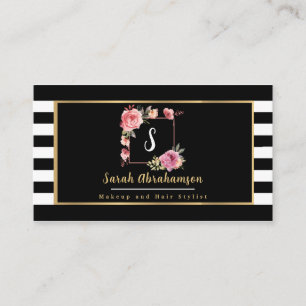 Moderne Schwarz-Weiß gestreifte Floral Visitenkarte