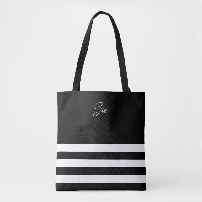 Moderne schwarz-weiß gestreifte Totttasche (Vorderseite)