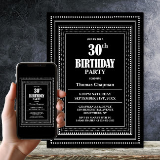 Moderne Schwarz-Weiß-Grenze 30. Geburtstag Party Einladung