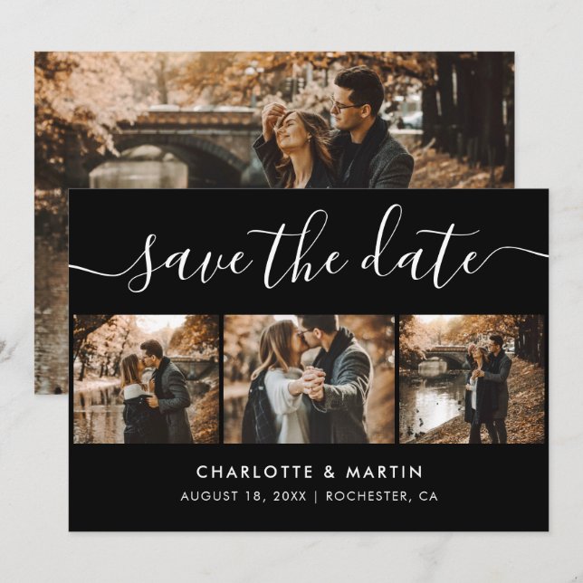 Moderne Schwarz-Weiß-Hochzeit 4 Foto Save The Date (Vorne/Hinten)