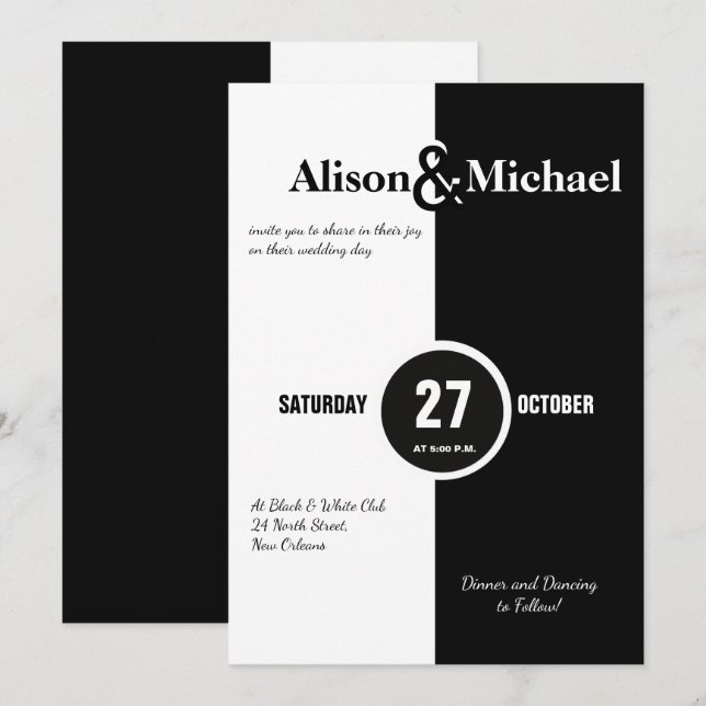 Moderne Schwarz-Weiß-Hochzeit lädt ein Einladung (Vorne/Hinten)