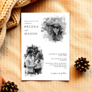 Moderne Schwarz-Weiß-Hochzeit mit zwei Fotos Einladung