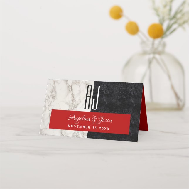 Moderne Schwarz-Weiß-Hochzeit Platzkarte (Rückseite)