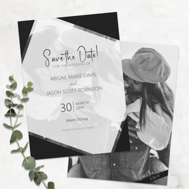 Moderne Schwarz-Weiß-Hochzeit rettet das Datum Einladung (Modern Minimalist Black and White Wedding Save the Date with Your Engagement Photo )
