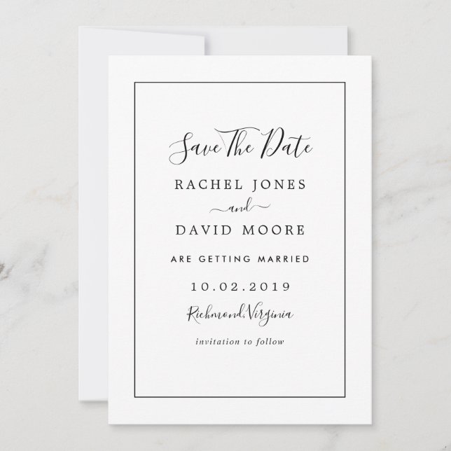 Moderne Schwarz-Weiß-Hochzeit Save The Date (Vorderseite)