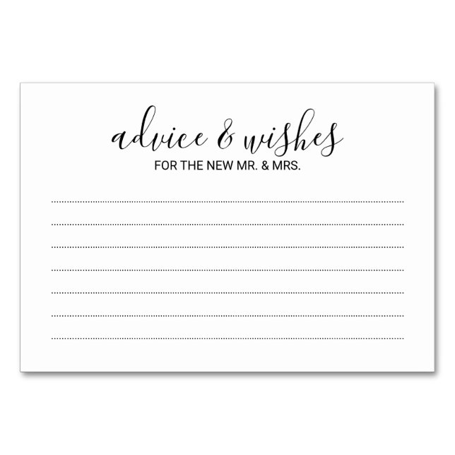 Moderne Schwarz-Weiß-Hochzeitsberatung und Wünsche Tischnummer (Vorderseite)