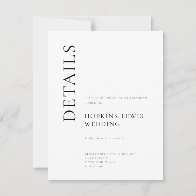 Moderne Schwarz-Weiß-Hochzeitsdetails Einladung (Vorderseite)